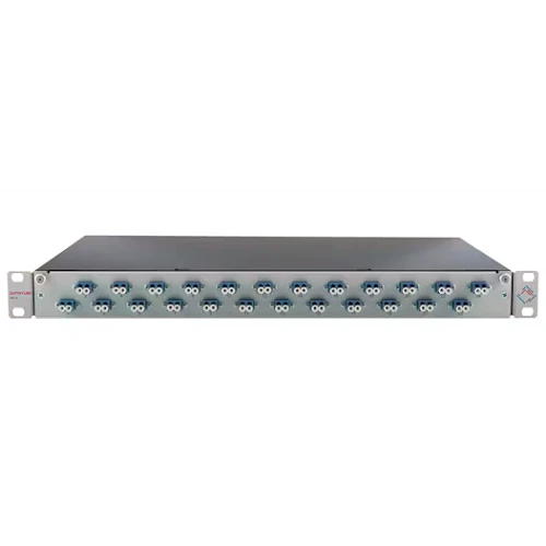 لوحة توزيع كابلات ألياف ضوئية داتويلر 1U، 48 منفذ LC (24 LCD)، متعدد الوضع MM OM3، محملة بالكامل بالمحولات، أكمام سيراميكية، و48 كابل Pigtails بطول 2 متر